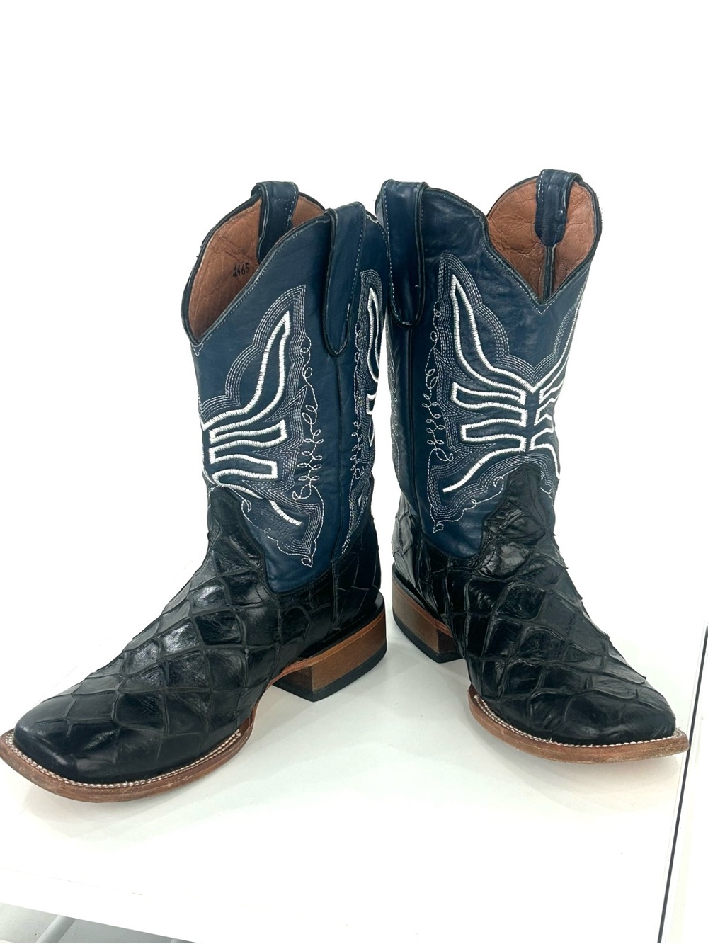 Tanner Mark Monster Fish Print Cowboy Boots Men’s 7.5 Black Blue Square Toe